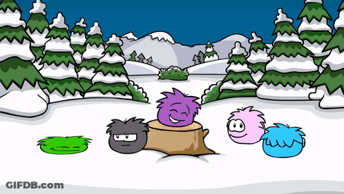 A Group Of Cartoon Characters Are Standing Around A Tree Stump In A Snowy Forest GIF