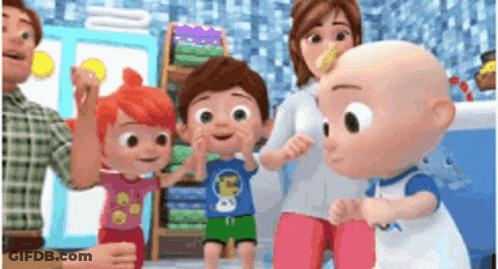 A Group Of Cartoon Characters Are Standing In A Bathroom . GIF