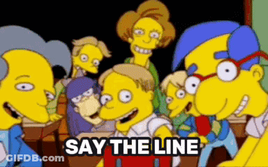 A Group Of Cartoon Characters Are Standing In A Classroom With The Words Say The Line On The Bottom GIF