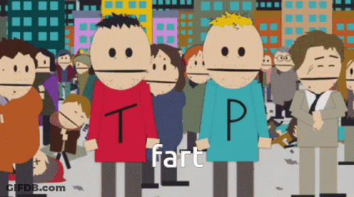 A Group Of Cartoon Characters Are Standing In A Crowd And The Word Fart Is On The Bottom Left GIF