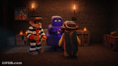A Group Of Cartoon Characters Are Standing In A Dark Room With A Picture Of Mcdonald 'S In The Background GIF