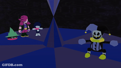 A Group Of Cartoon Characters Are Standing In A Dark Room With A Purple Background GIF