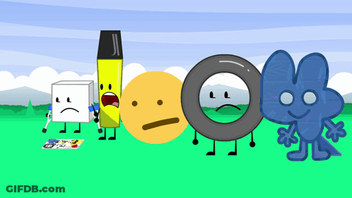 A Group Of Cartoon Characters Are Standing In A Field Including A Yellow Marker And A Tire GIF