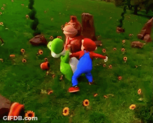 A Group Of Cartoon Characters Are Standing In A Field . GIF