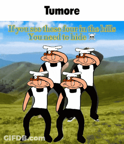 A Group Of Cartoon Characters Are Standing In A Field With The Words Tumore On The Top GIF