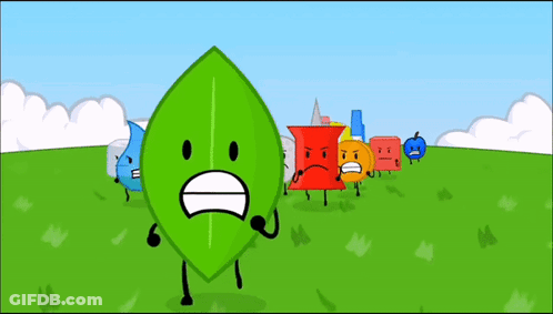 A Group Of Cartoon Characters Are Standing In A Grassy Field And One Of Them Is A Green Leaf . GIF