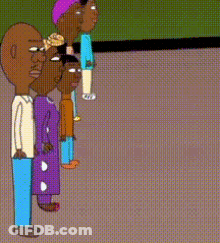 A Group Of Cartoon Characters Are Standing In A Line GIF