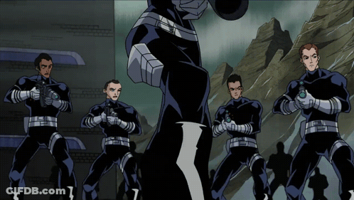 A Group Of Cartoon Characters Are Standing In A Line GIF