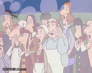 A Group Of Cartoon Characters Are Standing In A Line With One Woman Screaming GIF