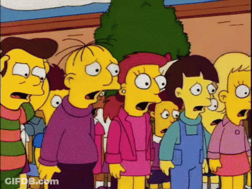A Group Of Cartoon Characters Are Standing In A Line With Their Mouths Open . GIF