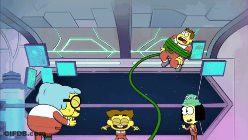 Group Of Cartoon Characters Standing In Room GIF