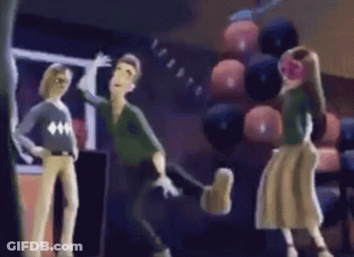 A Group Of Cartoon Characters Are Standing In A Room With Bowling Balls GIF