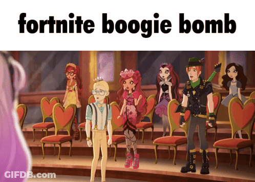 A Group Of Cartoon Characters Are Standing In A Room With The Words " Fortnite Boogie Bomb " On The Top GIF
