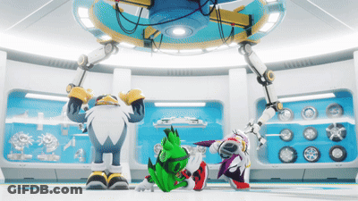 A Group Of Cartoon Characters Are Standing In A Room With Wheels On The Walls GIF