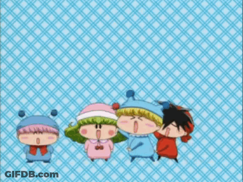 A Group Of Cartoon Characters Are Standing In Front Of A 40Th Tv Tokyo Logo GIF
