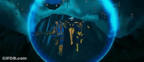 A Group Of Cartoon Characters Are Standing In Front Of A Blue Shield GIF