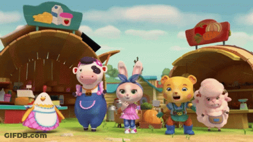 A Group Of Cartoon Characters Are Standing In Front Of A Building With A Sign That Says Cheese GIF