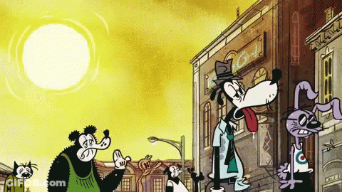 A Group Of Cartoon Characters Are Standing In Front Of A Building With A Sign That Says ' G & L ' On It GIF