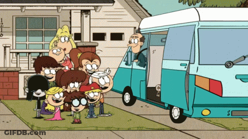 A Group Of Cartoon Characters Are Standing In Front Of A House And A Bus GIF