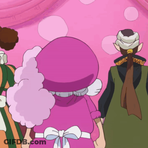 A Group Of Cartoon Characters Are Standing In Front Of A Pink Background GIF
