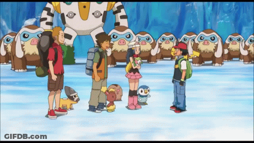 A Group Of Cartoon Characters Are Standing In Front Of A Row Of Monkeys GIF