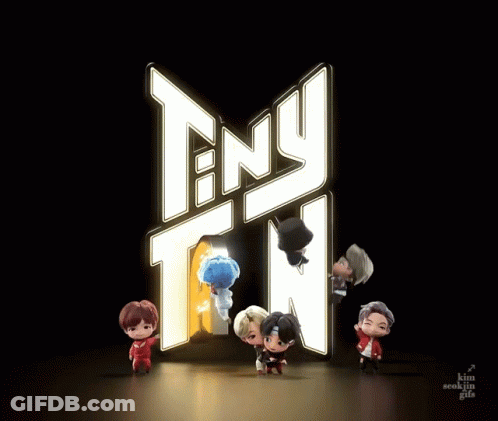 A Group Of Cartoon Characters Are Standing In Front Of A Sign That Says " Tiny Tan " GIF
