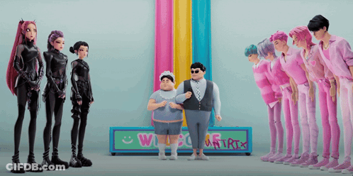 A Group Of Cartoon Characters Are Standing In Front Of A Sign That Says " Welcome " GIF