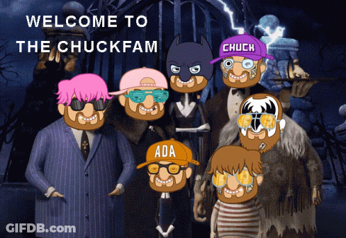 A Group Of Cartoon Characters Are Standing In Front Of A Sign That Says " Welcome To The Chuck Fam " GIF