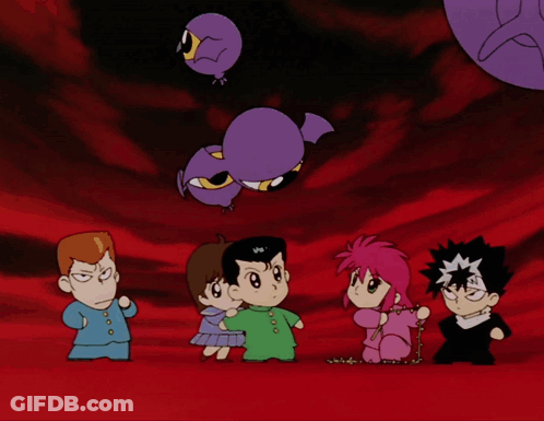 A Group Of Cartoon Characters Are Standing In Front Of A Sign That Says " Yusuke " GIF
