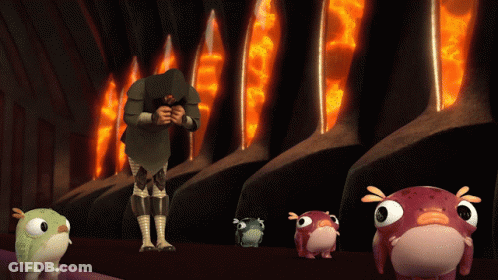 A Group Of Cartoon Characters Are Standing In Front Of A Wall With Lava Coming Out Of It GIF