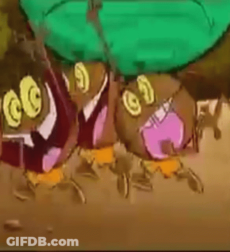 A Group Of Cartoon Characters Are Standing Next To Each Other And Laughing . GIF
