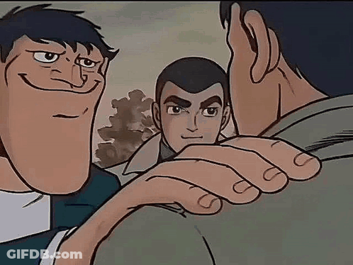 A Group Of Cartoon Characters Are Standing Next To Each Other And One Of Them Is Hugging Another . GIF
