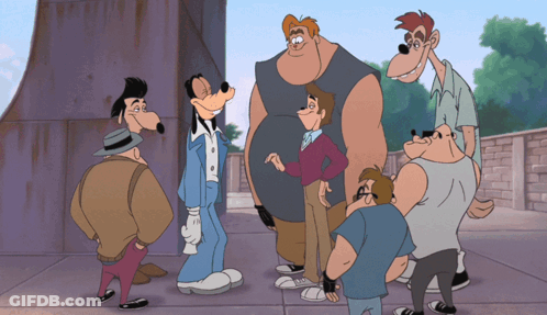 A Group Of Cartoon Characters Are Standing Next To Each Other And One Of Them Is Named Goofy GIF