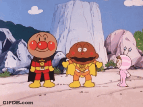 A Group Of Cartoon Characters Are Standing Next To Each Other And One Of Them Is Wearing A Cape That Says Anpanman GIF