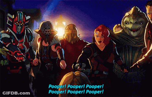 A Group Of Cartoon Characters Are Standing Next To Each Other And One Of Them Says Pooper Pooper Pooper Pooper Pooper GIF