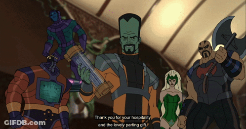 A Group Of Cartoon Characters Are Standing Next To Each Other And One Of Them Says Thank You For Your Hospitality GIF