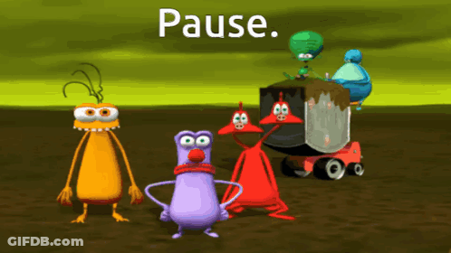 A Group Of Cartoon Characters Are Standing Next To Each Other And The Word Pause Is Above Them GIF