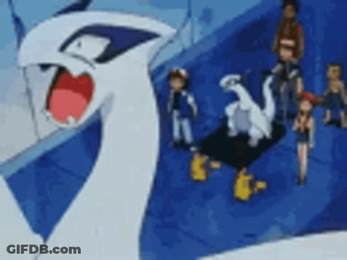 A Group Of Cartoon Characters Are Standing Next To Each Other In A Blue Room . GIF
