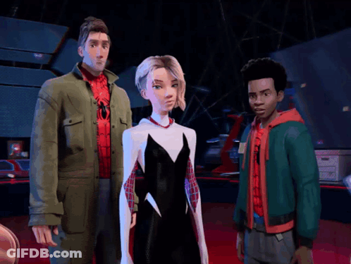 A Group Of Cartoon Characters Are Standing Next To Each Other In A Dark Room GIF
