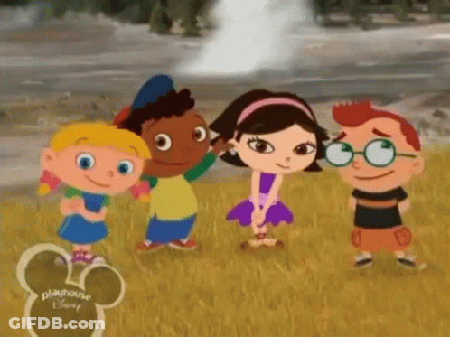 A Group Of Cartoon Characters Are Standing Next To Each Other In A Field In Front Of A Hot Spring . GIF