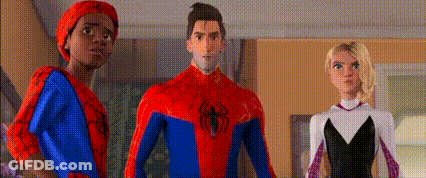 A Group Of Cartoon Characters Are Standing Next To Each Other In A Living Room . GIF