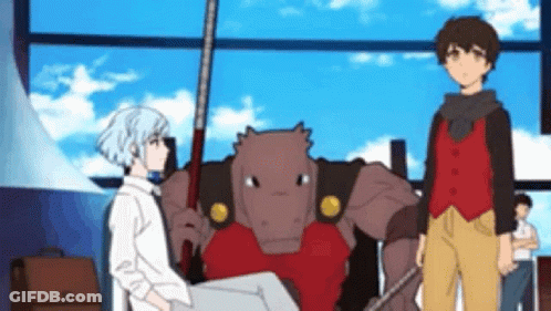 A Group Of Cartoon Characters Are Standing Next To Each Other In A Room . GIF