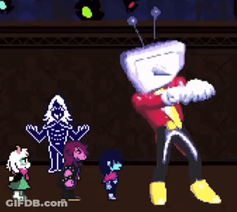 A Group Of Cartoon Characters Are Standing Next To Each Other In A Room . GIF