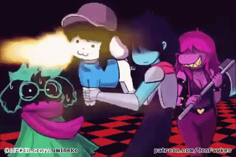 A Group Of Cartoon Characters Are Standing Next To Each Other In A Room . GIF