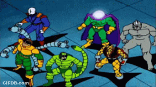 A Group Of Cartoon Characters Are Standing Next To Each Other In A Room GIF
