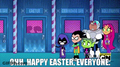 A Group Of Cartoon Characters Are Standing Next To Each Other In Front Of A Building With A Sign That Says Easter . GIF