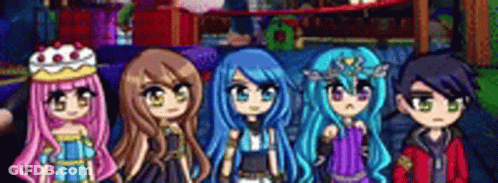 A Group Of Cartoon Characters Are Standing Next To Each Other In Front Of A Roller Coaster . GIF