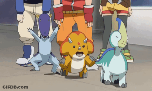 A Group Of Cartoon Characters Are Standing Next To Each Other Including A Triceratops GIF