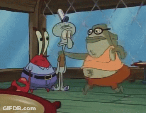 A Group Of Cartoon Characters Are Standing Next To Each Other Including Squidward And Mrs. Krabs GIF