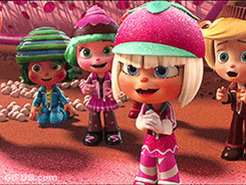 A Group Of Cartoon Characters Are Standing Next To Each Other On A Candy Land GIF